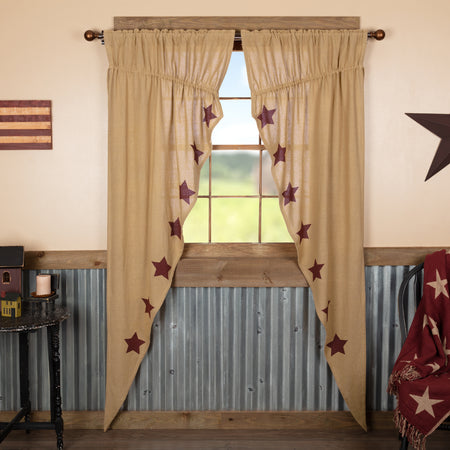 Mayflower Market Burlap W/Burgundy Stencil Stars Prairie Long Panel Set of 2 84x36x18 By VHC Brands