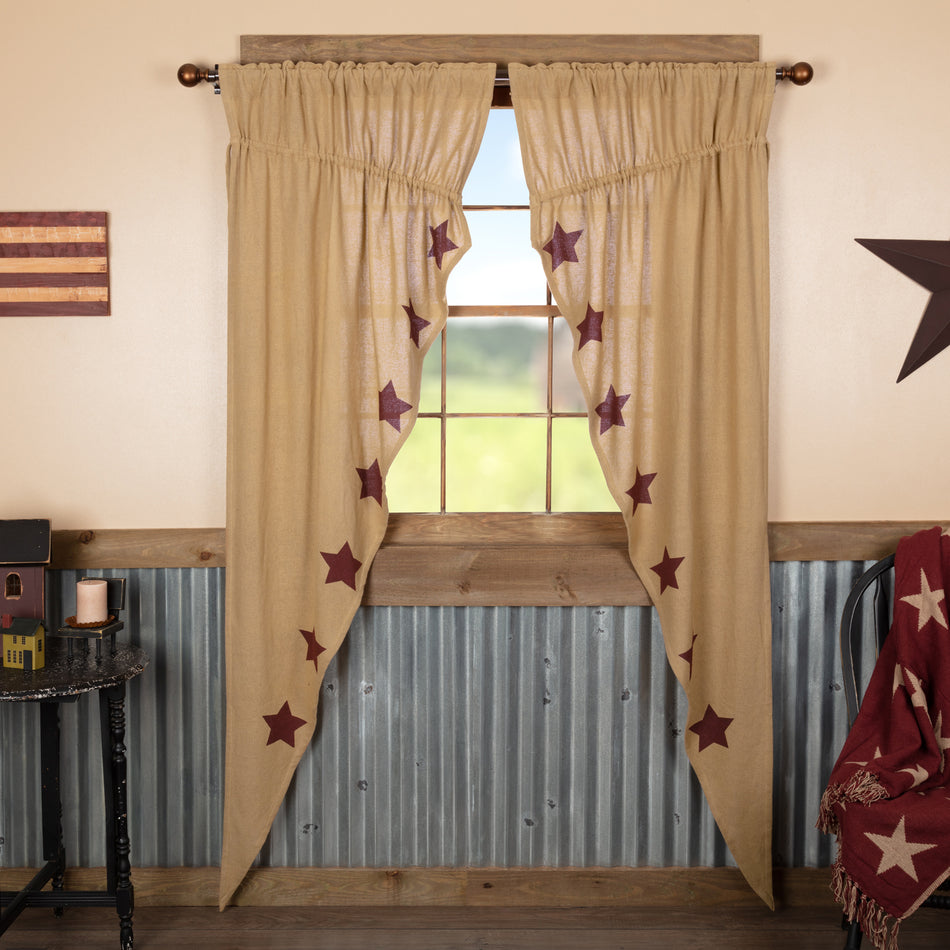 Mayflower Market Burlap W/Burgundy Stencil Stars Prairie Long Panel Set of 2 84x36x18 By VHC Brands