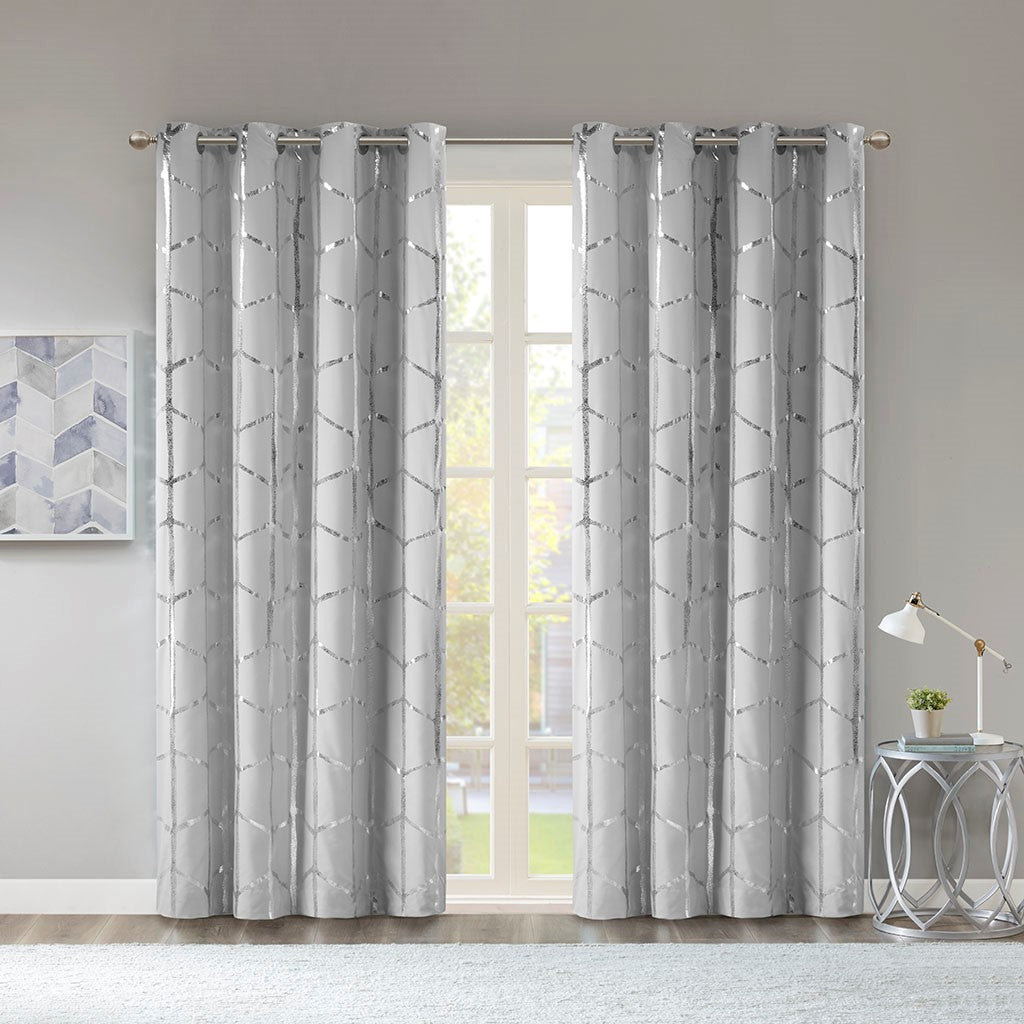 Intelligent Design Raina Total Blackout Metallic Print Grommet Top Curtain Panel - Grey / Silver - 50x84"