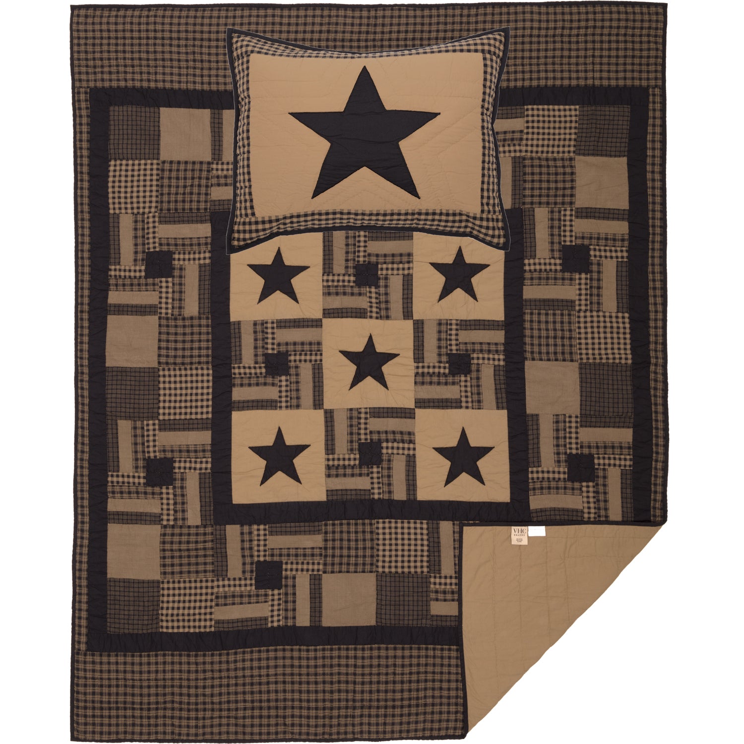 Mayflower Market Black Check Star Twin Quilt Set; 1-Quilt 68Wx86L w/1 Sham 21x27 By VHC Brands