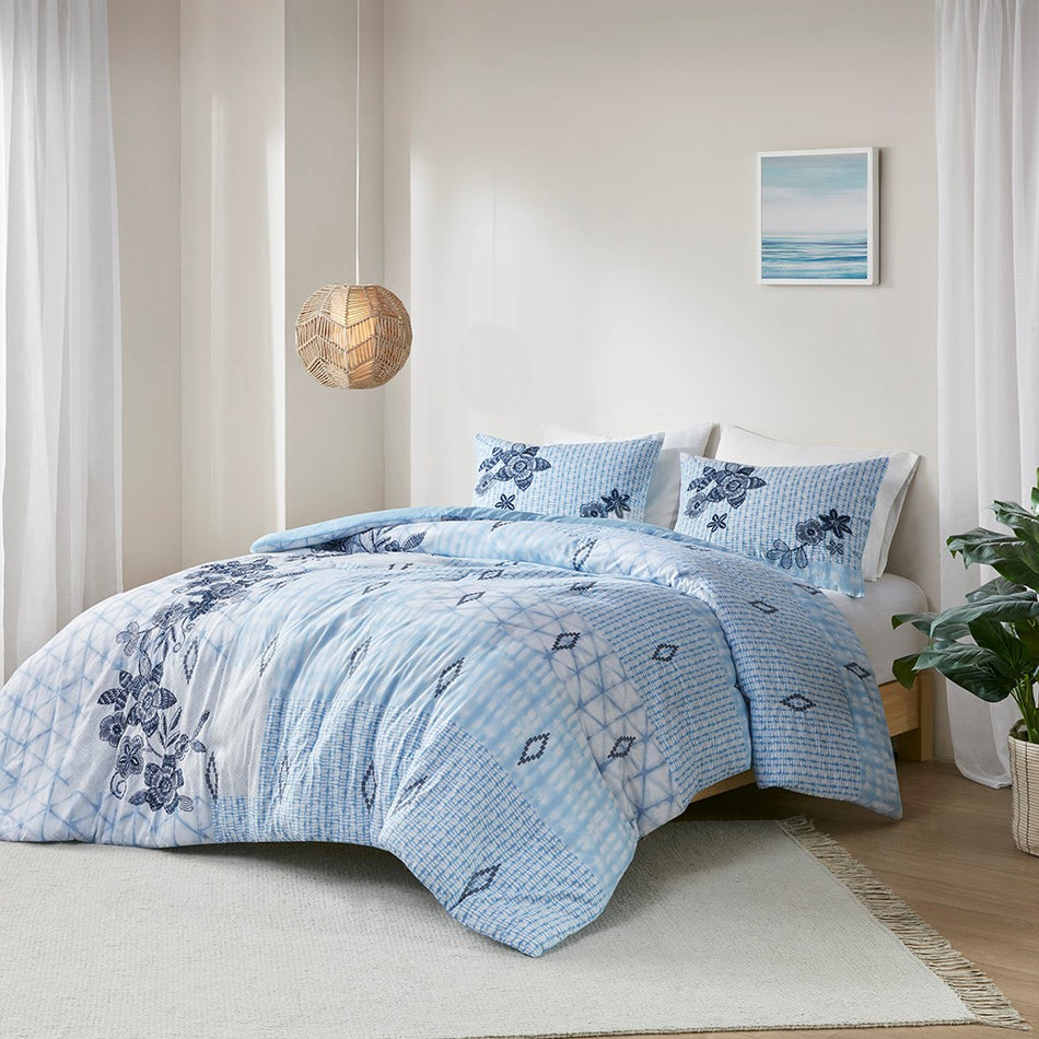 Sadie 3 Piece Cotton Duvet Cover Set - Blue - King Size / Cal King Size