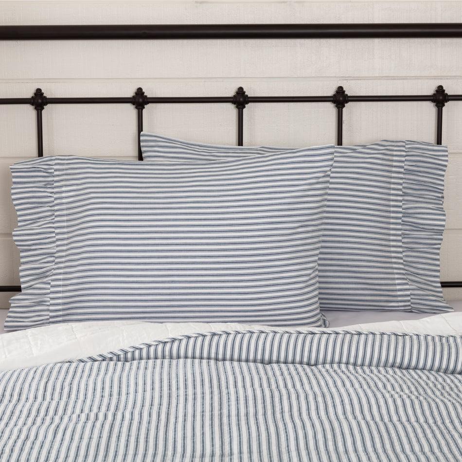 Sawyer Mill Blue Ticking Stripe Ruffled Standard Pillow Case Set of 2 21x30