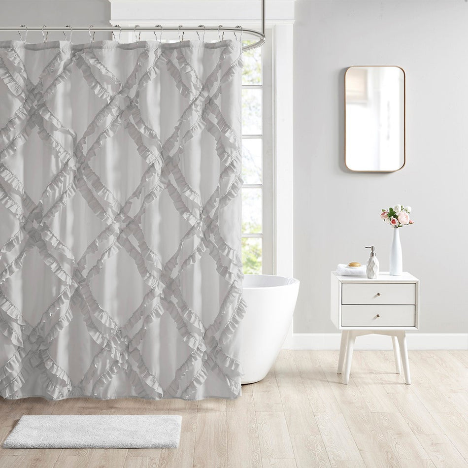 Intelligent Design Kacie Tufted Diamond Ruffle Shower Curtain - Grey - 72x72"