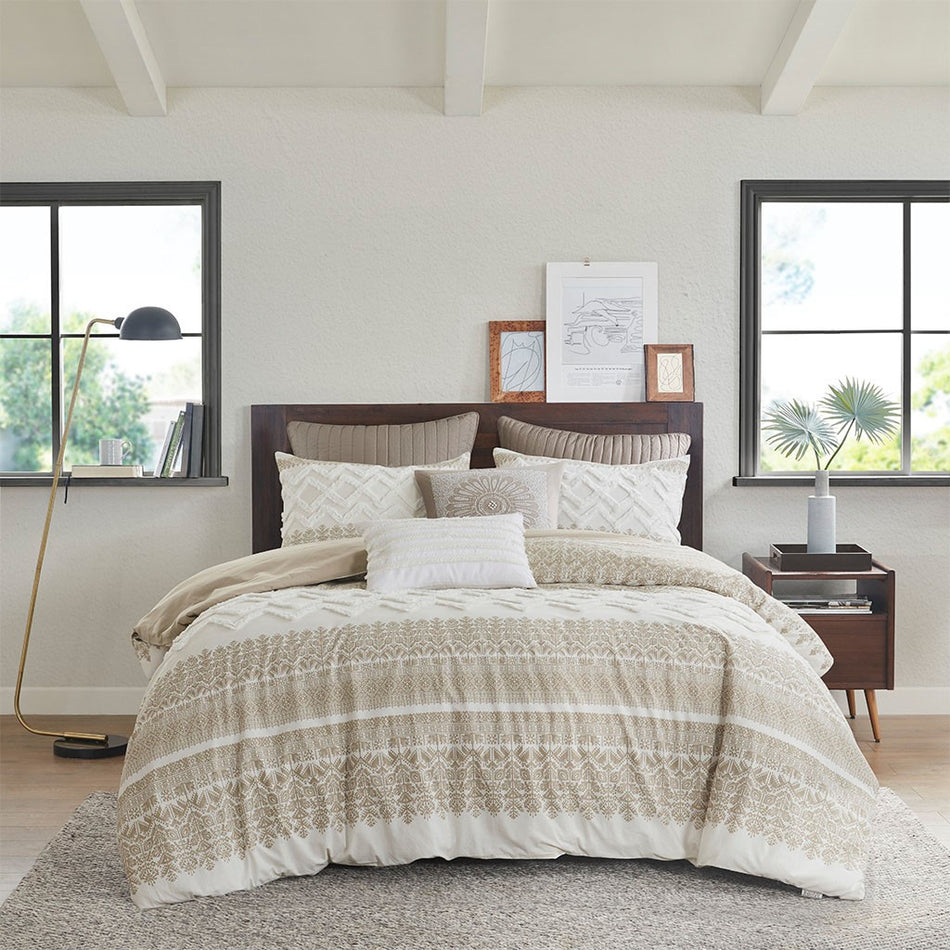 INK+IVY Mila 3 Piece Cotton Duvet Cover Set with Chenille Tufting - Taupe  - Full Size / Queen Size Shop Online & Save - expresshomedirectr.com