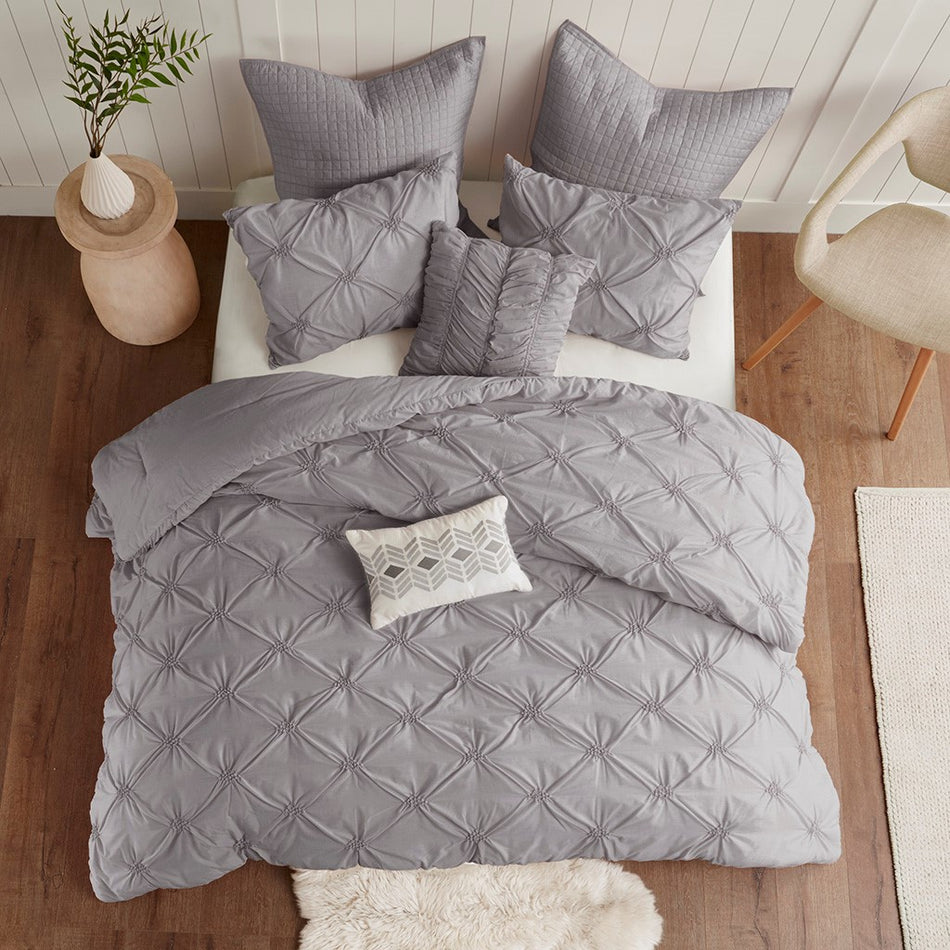 Urban Habitat Talia 7 Piece Elastic Embroidered Chambray Comforter Set - Grey - King Size / Cal King Size