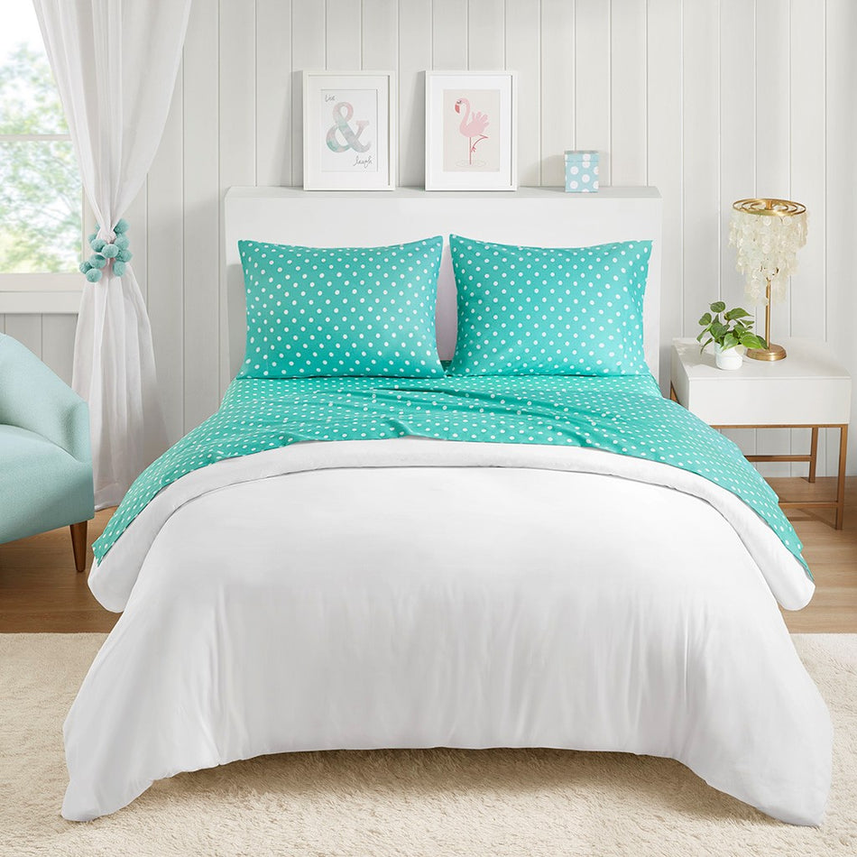 Polka Dot Printed 100% Cotton Sheet Set - Seafoam - Queen Size