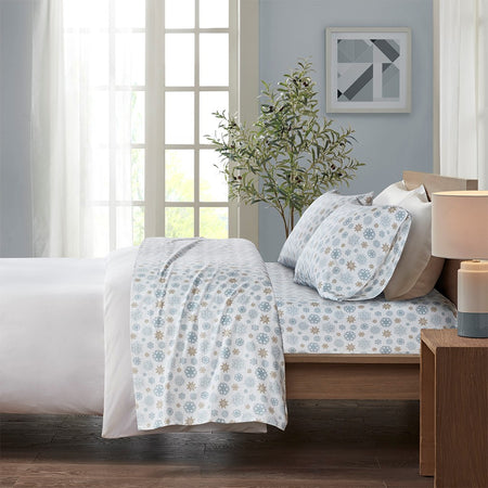 True North by Sleep Philosophy Cozy Cotton Flannel Printed Sheet Set - Tan / Blue Snowflakes - Full Size