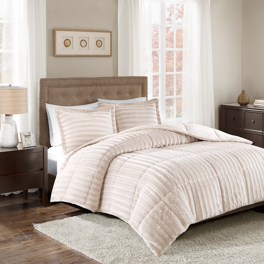 Madison Park Duke Faux Fur Comforter Mini Set - Champagne - Full Size / Queen Size