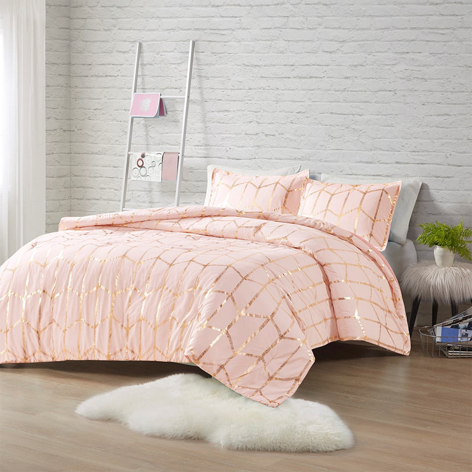 Intelligent Design Raina Metallic Printed Comforter and Sham Set - Blush / Gold - Full Size / Queen Size