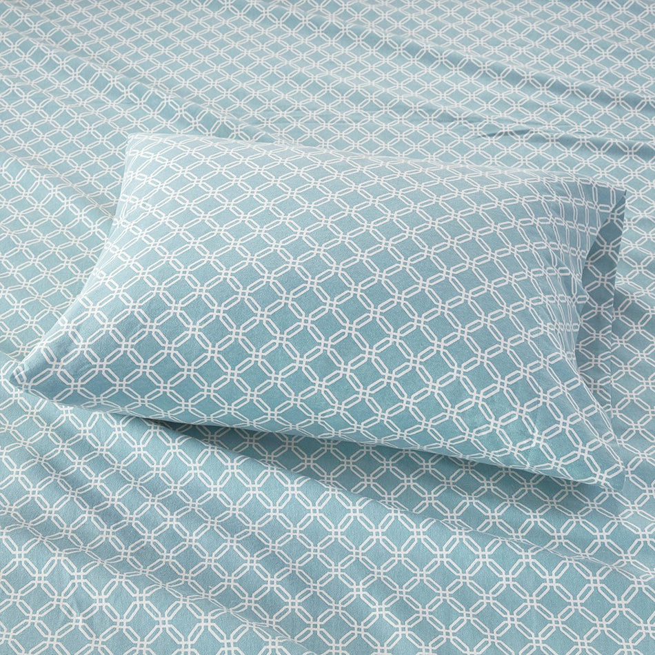 Cozy Cotton Flannel Printed Sheet Set - Aqua Geo - Cal King Size