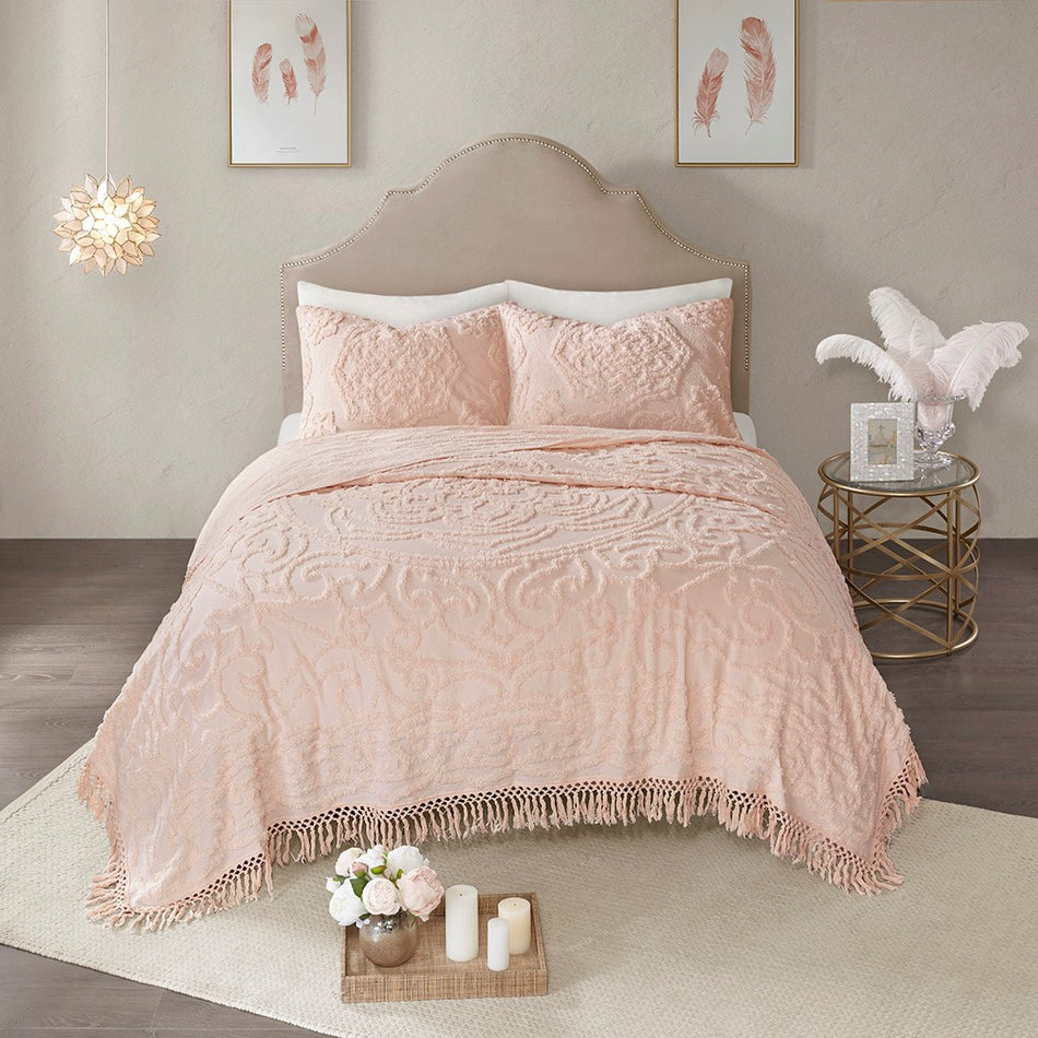 Laetitia Tufted Cotton Chenille Medallion Fringe Coverlet Mini Set - Blush - King Size / Cal King Size