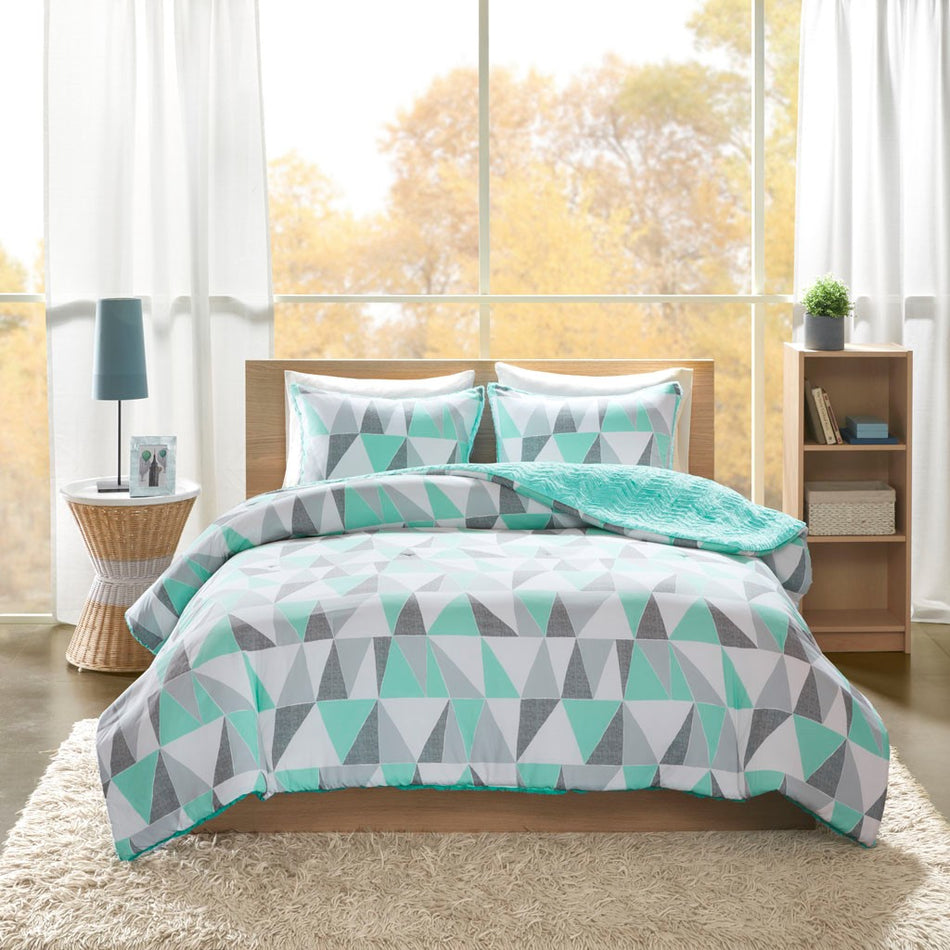 Ellie Reversible Comforter Mini Set - Aqua - Twin Size