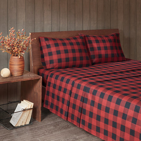 Woolrich Cotton Flannel Sheet Set - Red / Black Buffalo Check - Queen Size