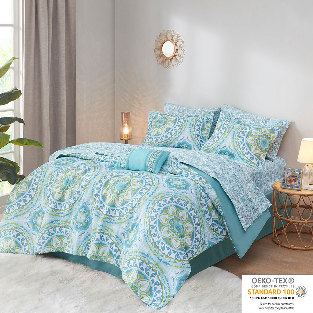 Madison Park Essentials Serenity 9 Piece Comforter Set with Cotton Bed Sheets - Aqua - Full Size