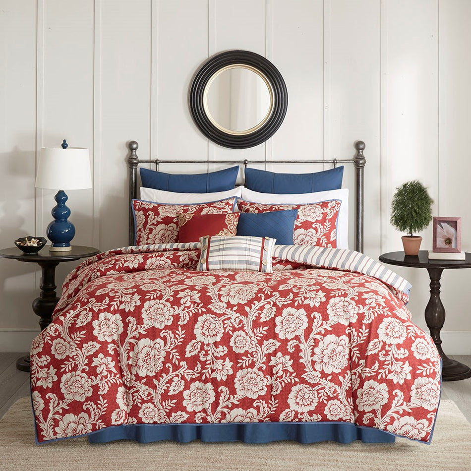 Lucy 9 Piece Cotton Twill Reversible Comforter Set - Red - King Size