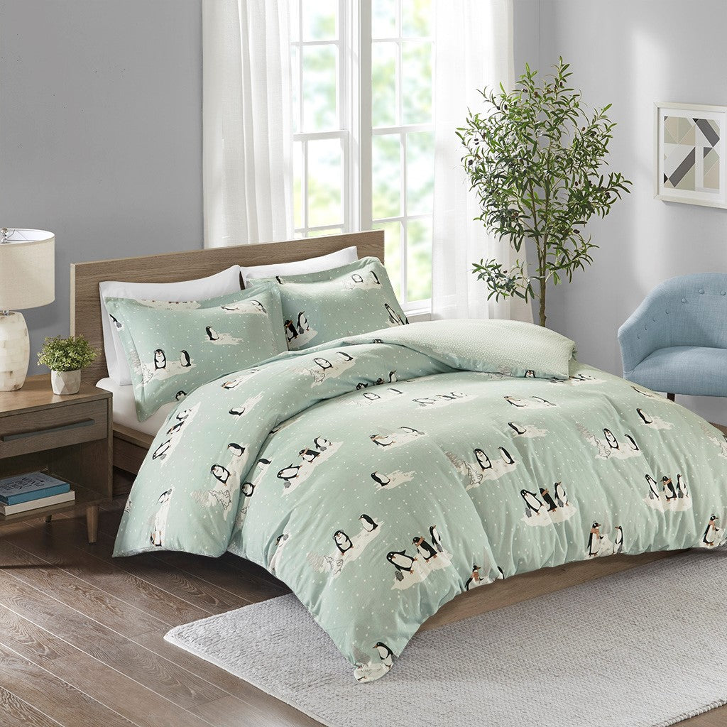 True North by Sleep Philosophy Cozy Flannel Duvet Set - Aqua Penguins - King Size / Cal King Size