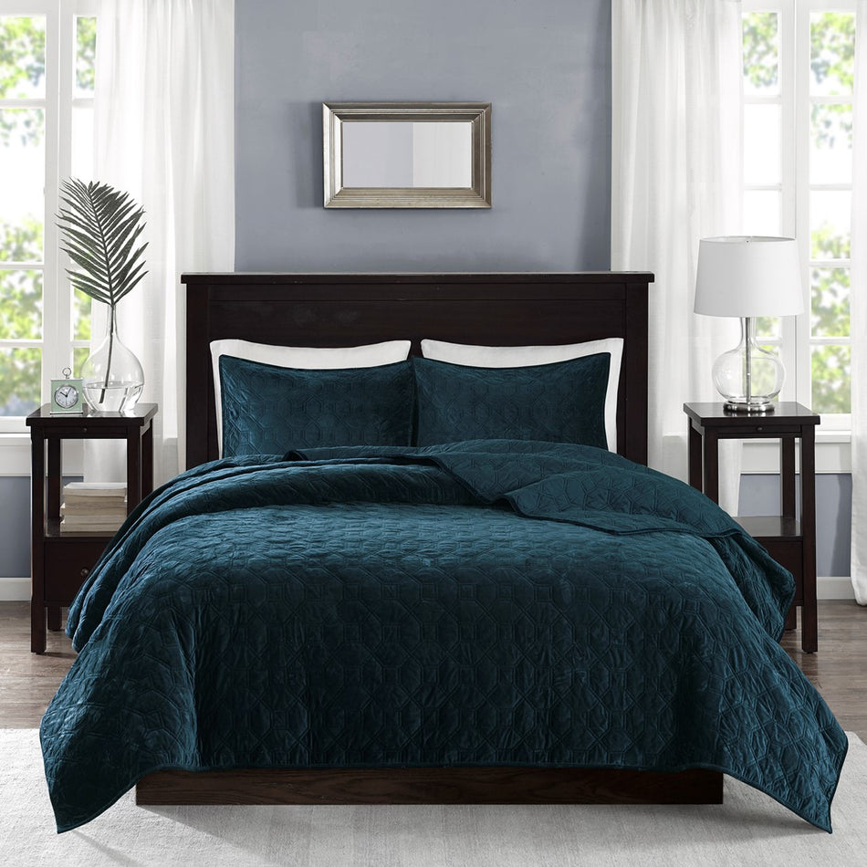 Harper 3 Piece Velvet Quilt Set - Teal - King Size / Cal King Size