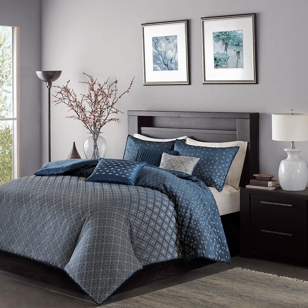 Madison Park Biloxi 6 Piece Duvet Cover Set - Navy - King Size / Cal King Size