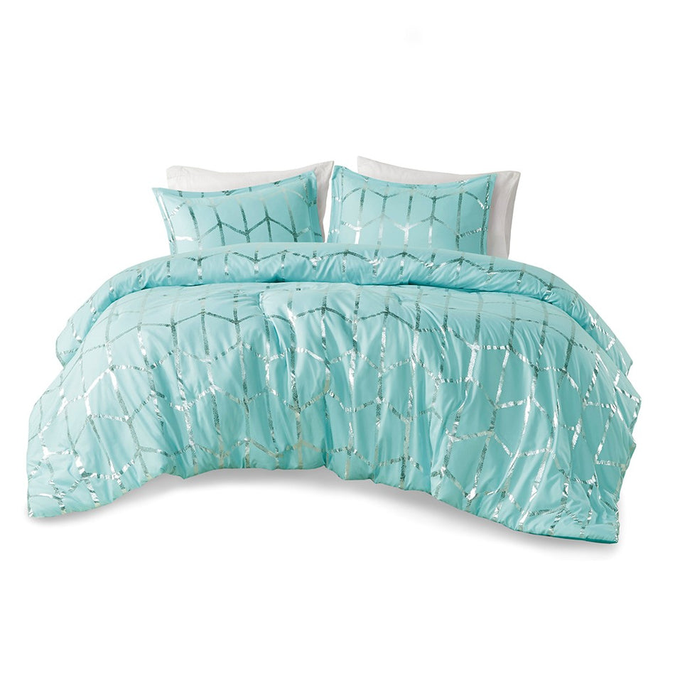 Raina Metallic Printed Comforter and Sham Set - Aqua / Silver - Full Size / Queen Size