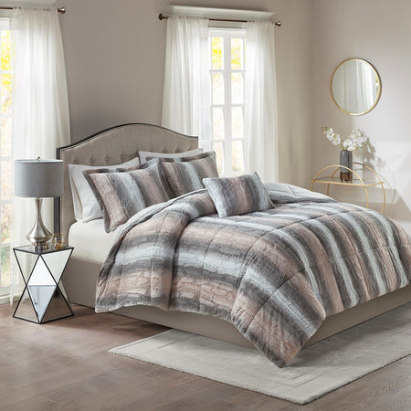 Madison Park Zuri 4PC Faux Fur Comforter Set - Blush / Grey - King Size