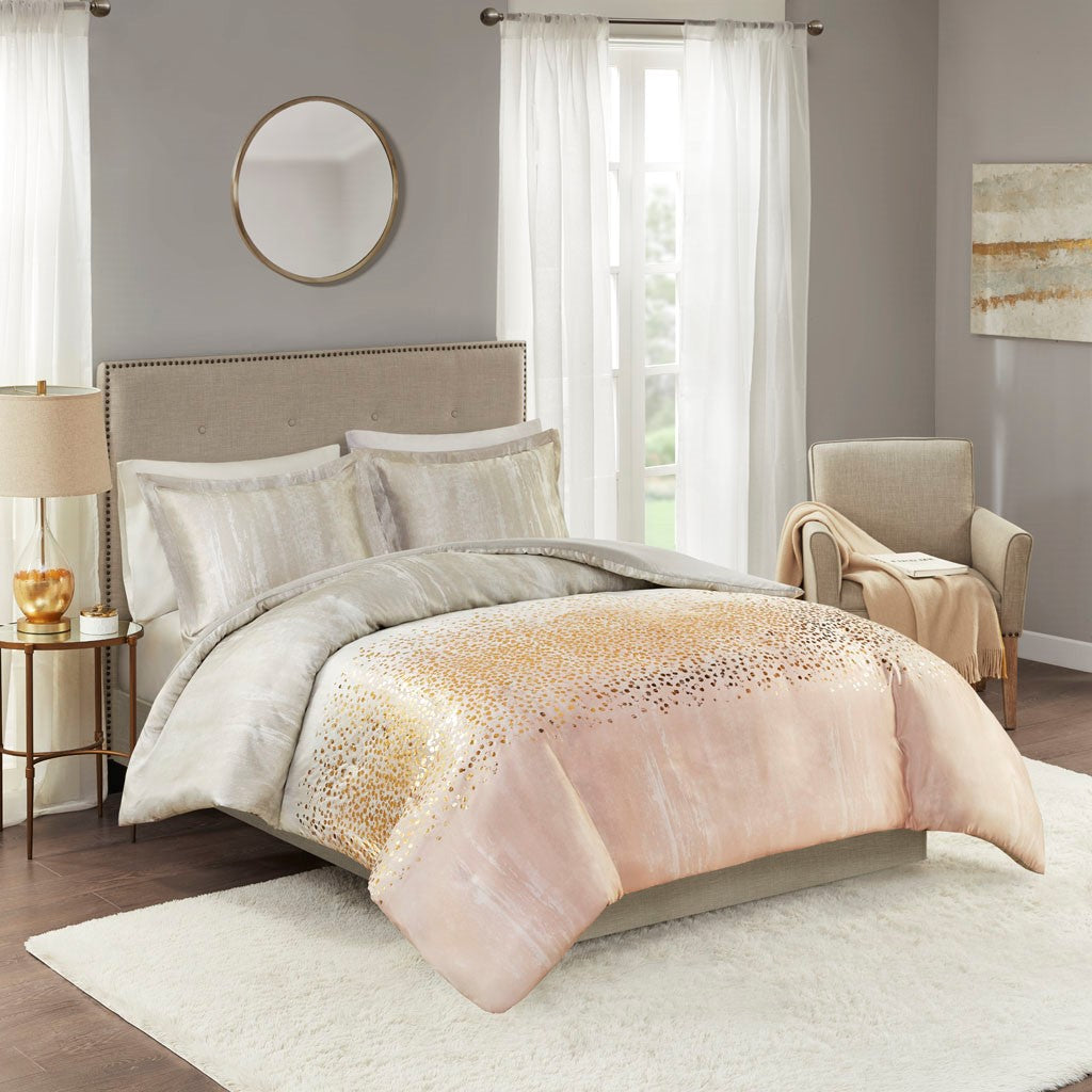 Madison Park Midnight Garden 3 Piece Metallic Print Duvet Set - Blush - Full Size / Queen Size