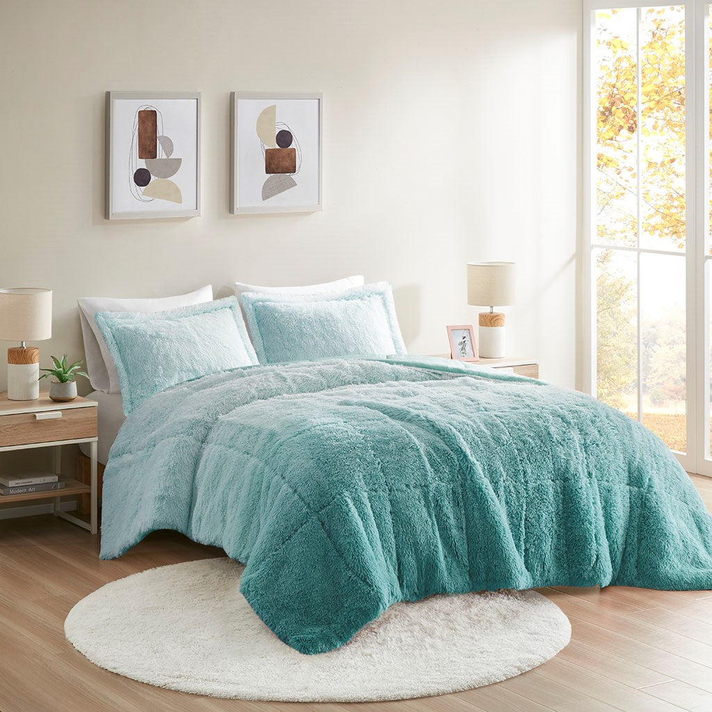 Intelligent Design Brielle Ombre Shaggy Long Fur Comforter Mini Set - Aqua - King Size / Cal King Size