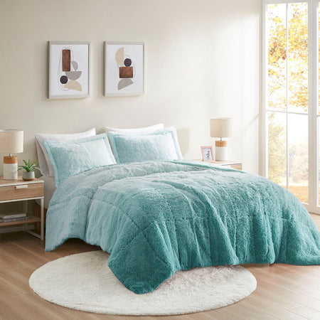 Intelligent Design Brielle Ombre Shaggy Long Fur Comforter Mini Set - Aqua - Twin Size / Twin XL Size