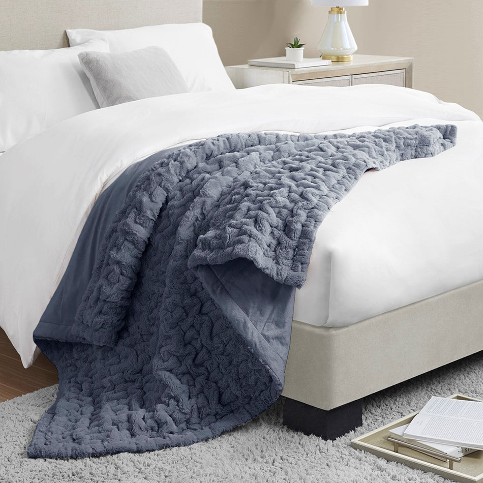 Ruched Fur Throw - Slate Blue - 50x60"