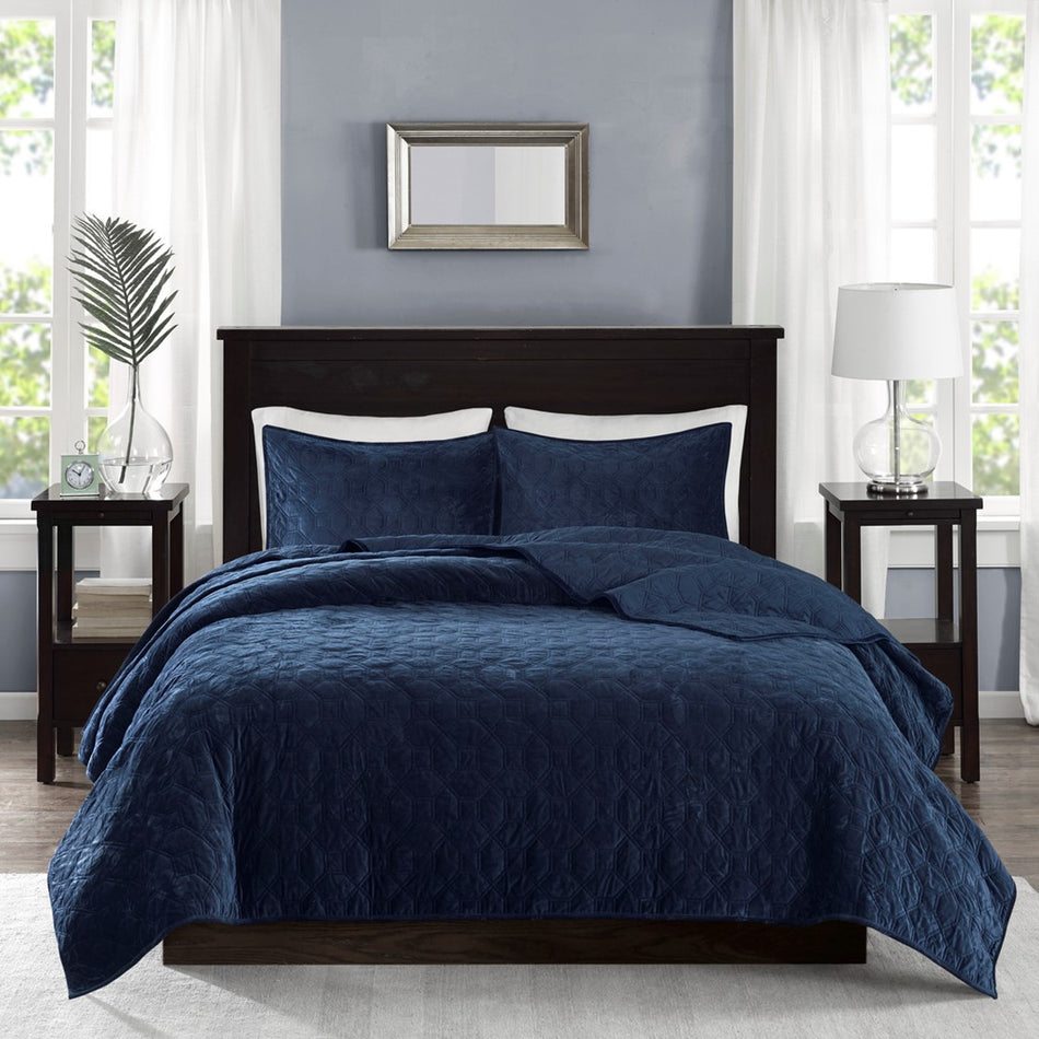 Harper 3 Piece Velvet Quilt Set - Navy - Full Size / Queen Size