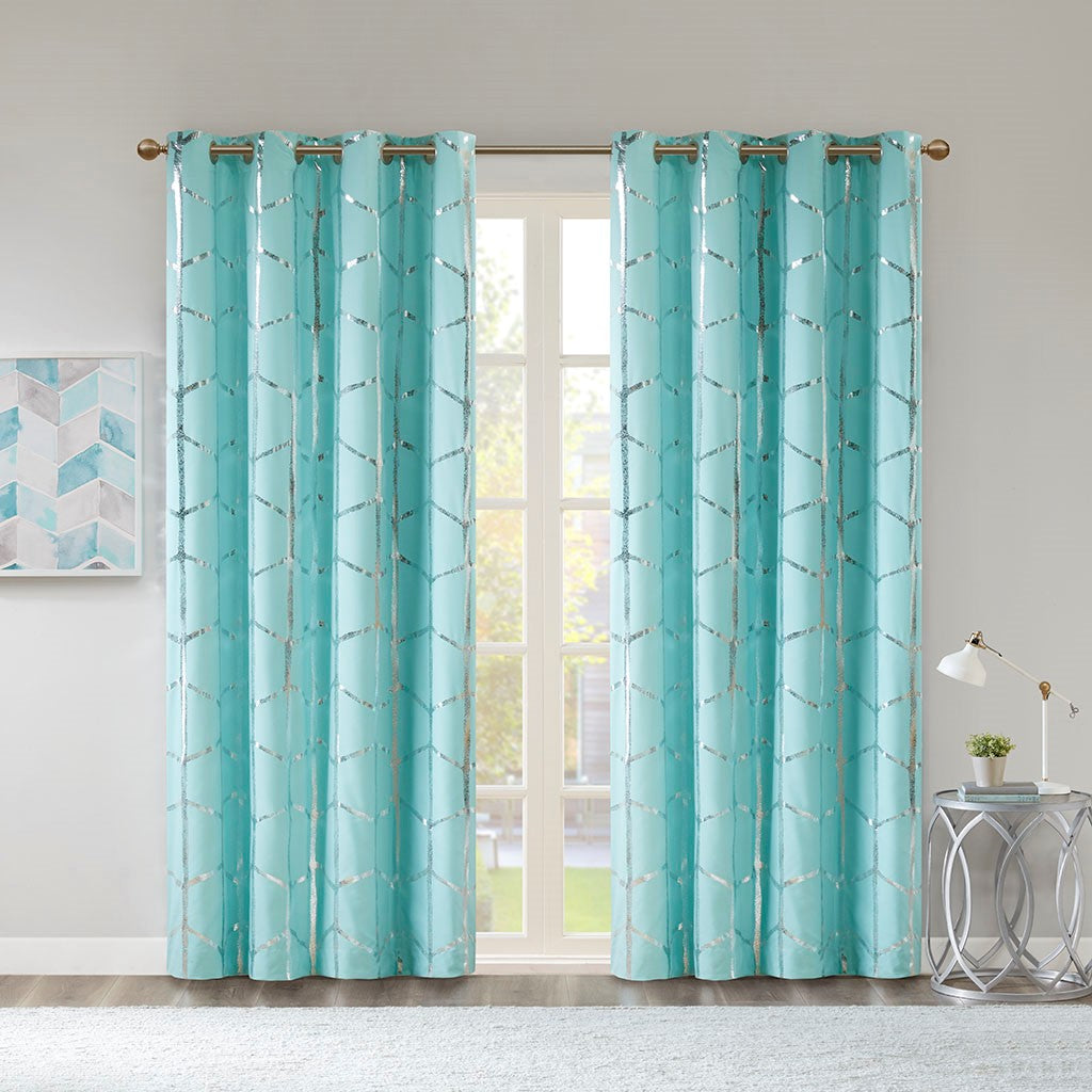 Intelligent Design Raina Total Blackout Metallic Print Grommet Top Curtain Panel - Aqua / Silver - 50x84"