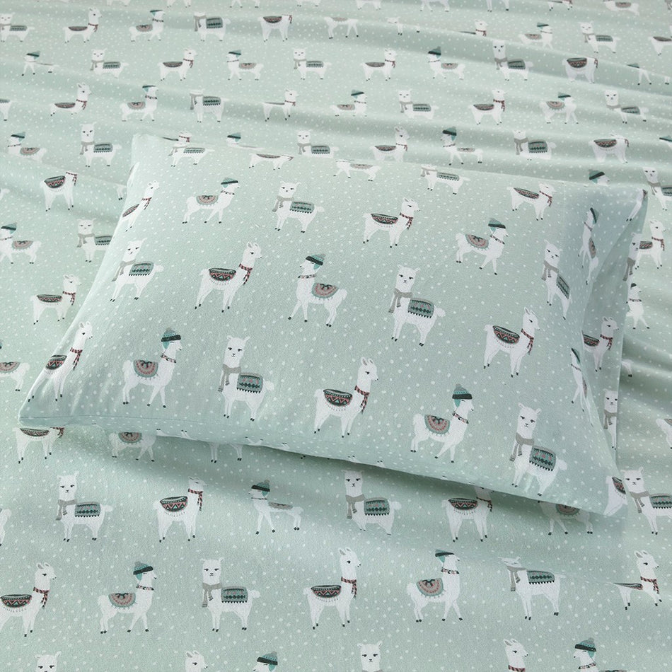 Cozy Cotton Flannel Printed Sheet Set - Seafoam Llama - King Size