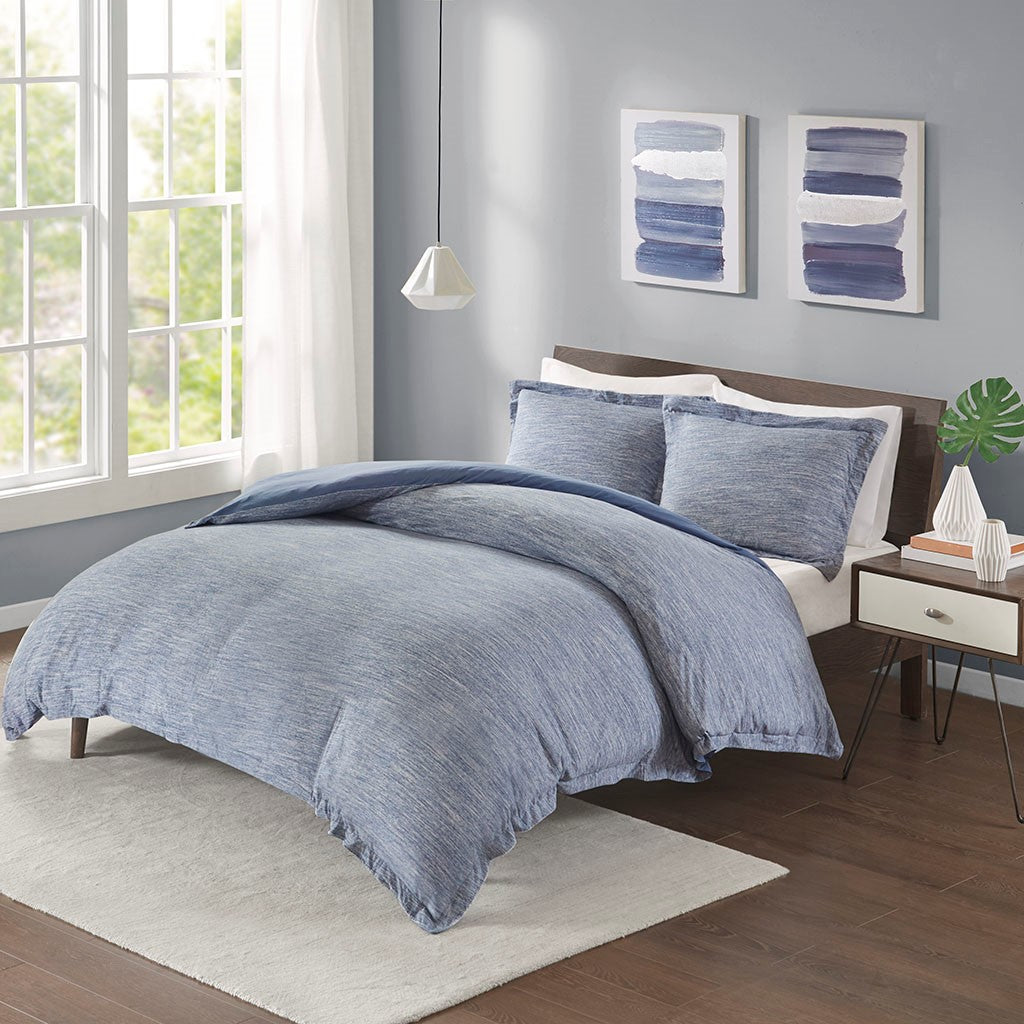 Urban Habitat Space Dyed Melange Cotton Jersey Knit Duvet Cover Set - Blue - Full Size / Queen Size