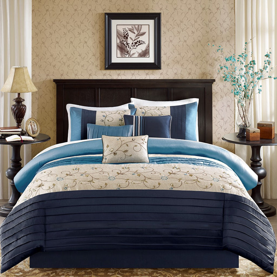 Serene Embroidered 7 Piece Comforter Set - Navy - King Size