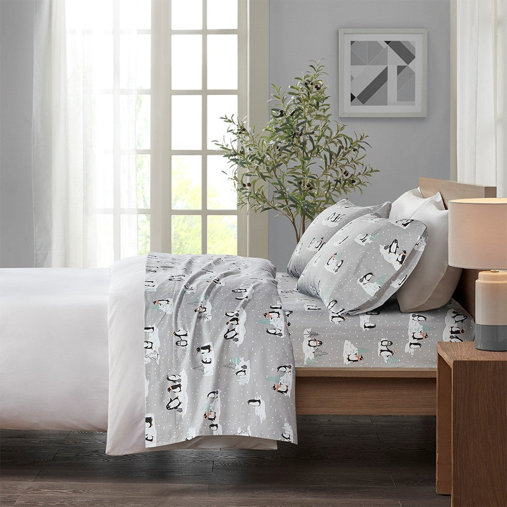 True North by Sleep Philosophy Cozy Cotton Flannel Printed Sheet Set - Grey Penguins  - Full Size Shop Online & Save - expresshomedirectr.com