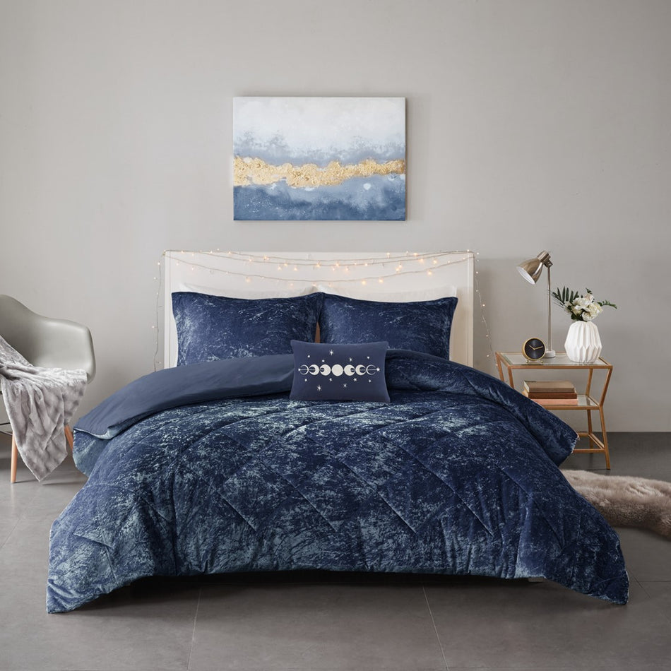 Felicia Velvet Duvet Cover Set - Navy - King Size / Cal King Size