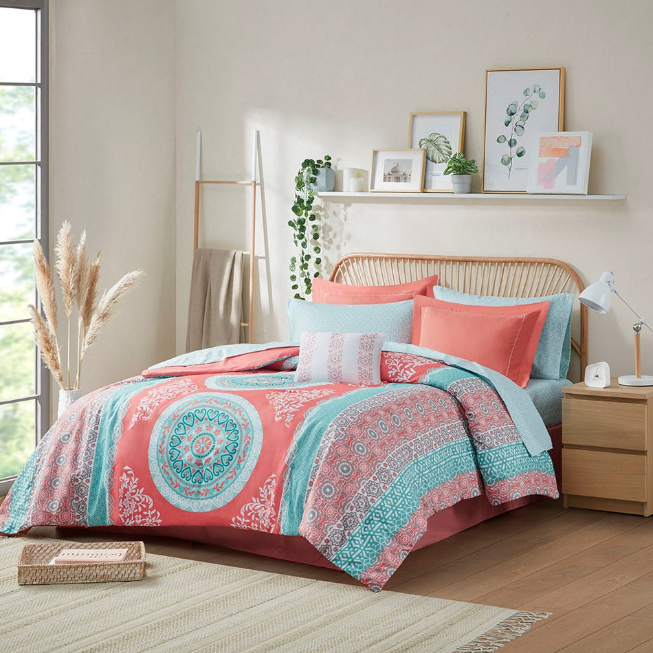 Loretta Boho Comforter Set with Bed Sheets - Coral - Queen Size