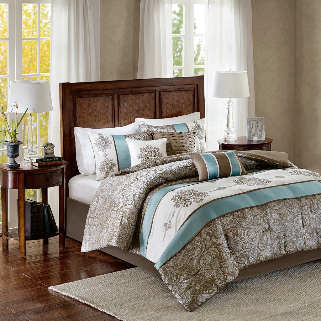 Madison Park Caroline Jacquard 7 Piece Comforter Set - Blue - Cal King Size