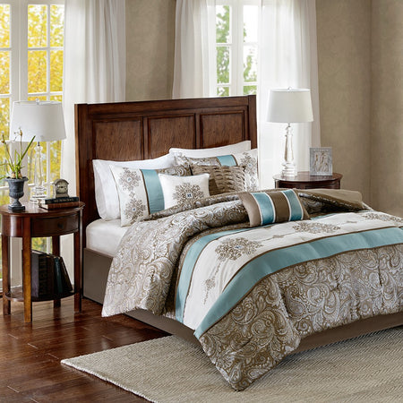 Madison Park Caroline Jacquard 7 Piece Comforter Set - Blue - Cal King Size