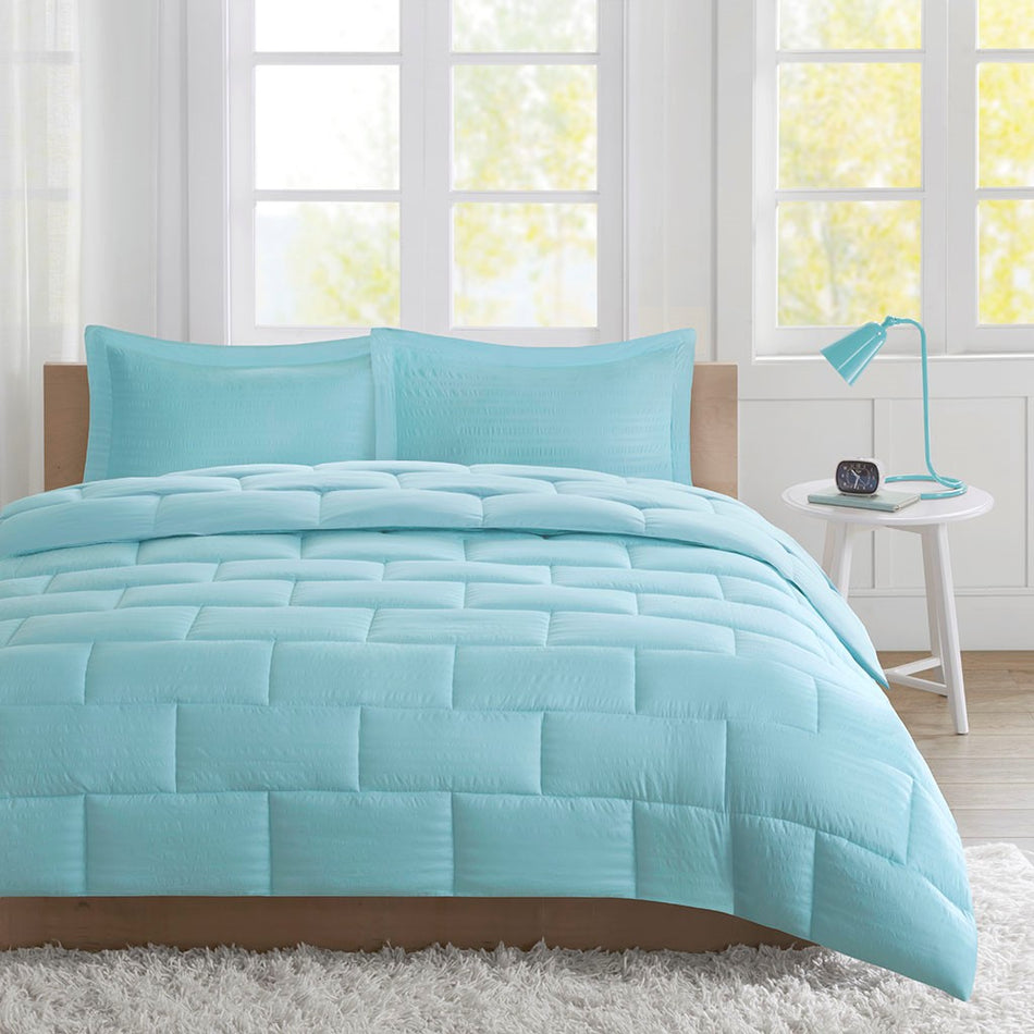 Avery Seersucker Down Alternative Comforter Mini Set - Aqua - King Size