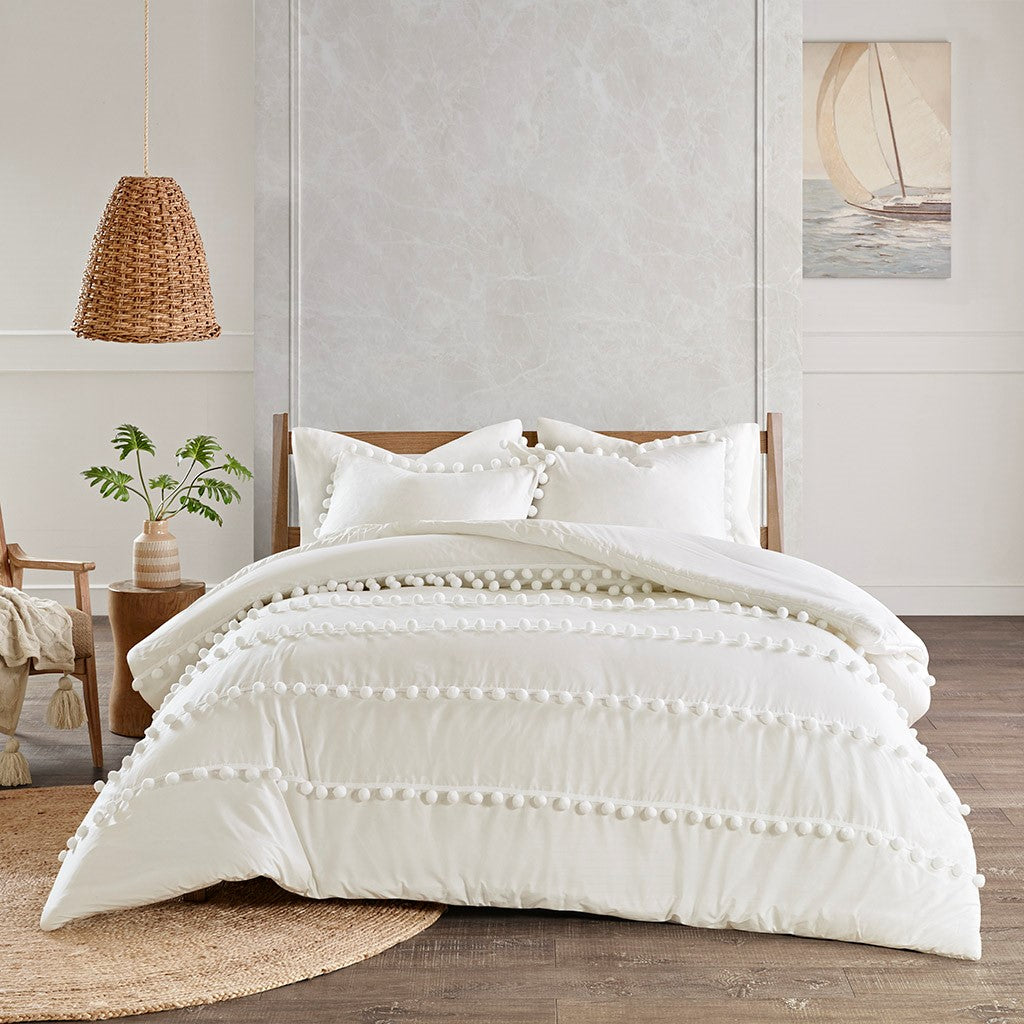 Madison Park Leona 3 Piece Pom Pom Cotton Comforter Set - Ivory  - King Size / Cal King Size Shop Online & Save - expresshomedirectr.com