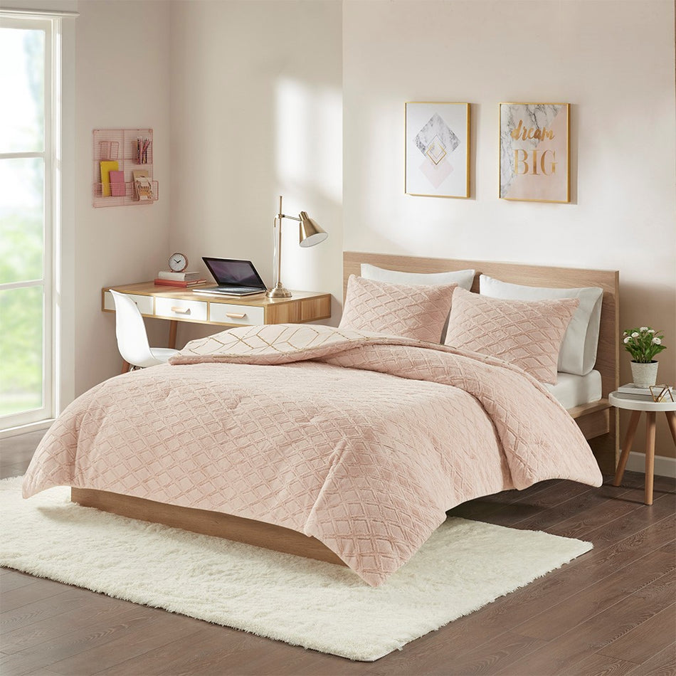 Ainsley Metallic Print Reversible Comforter Set - Blush - Full Size / Queen Size