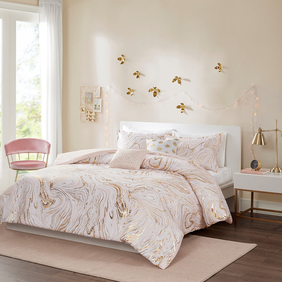 Rebecca Metallic Printed Duvet Cover Set - Blush / Gold - Full Size / Queen Size