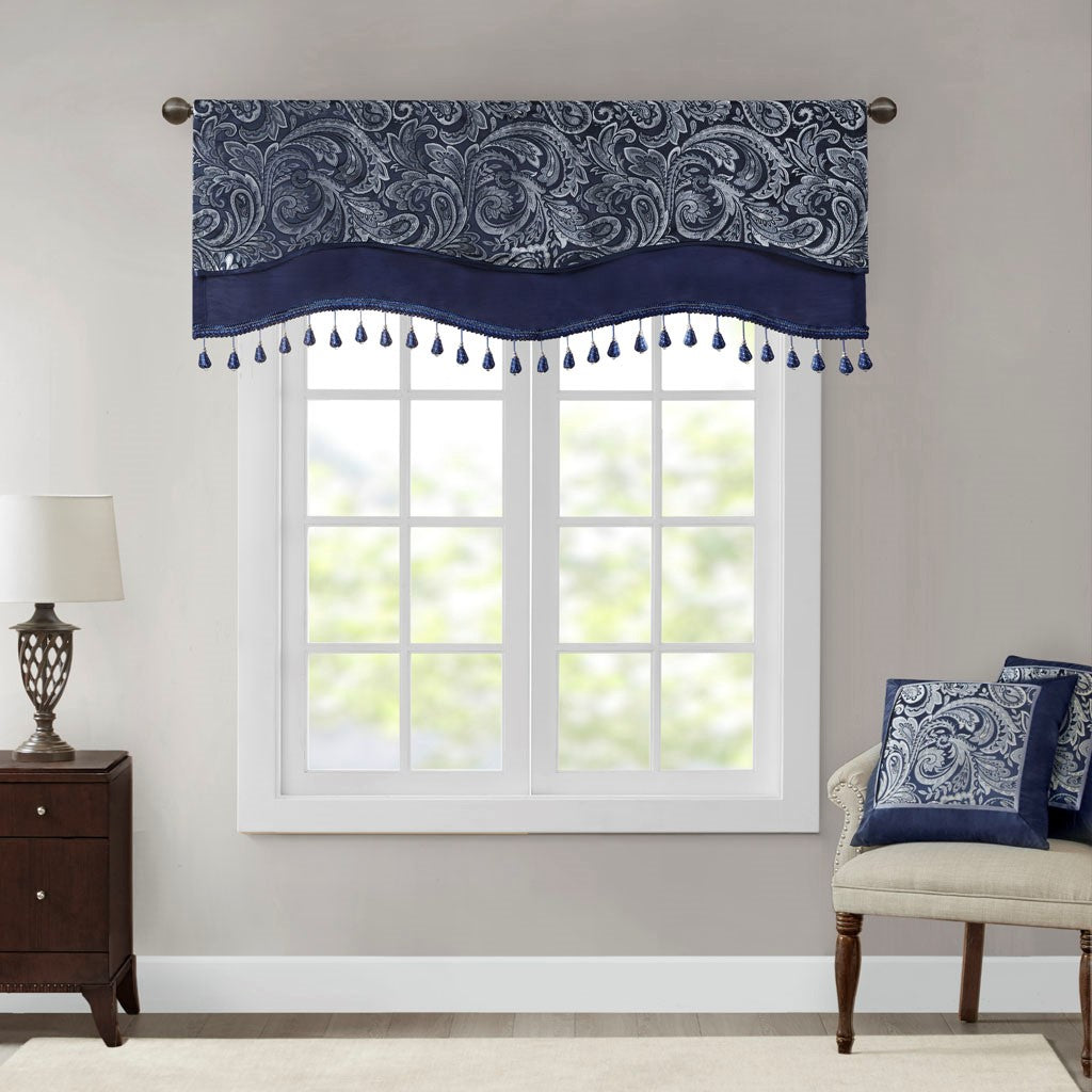 Madison Park Aubrey Jacquard Window Rod Pocket Valance With Beads - Navy - 50x18"