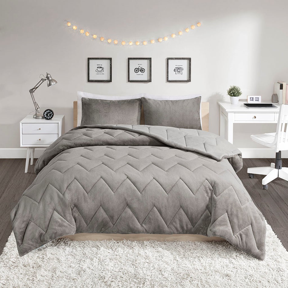 Kai Solid Chevron Quilted Reversible Microfiber to Cozy Plush Comforter Set - Grey - King Size