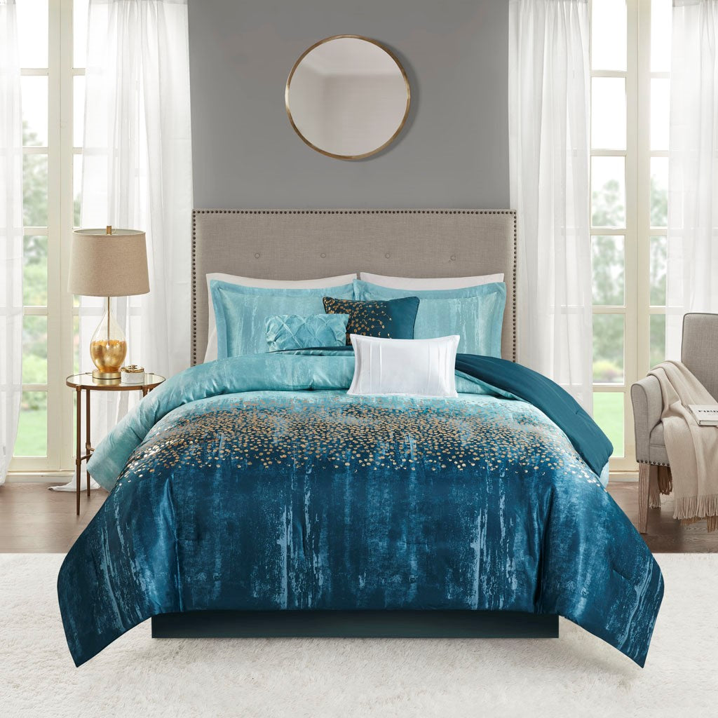 Madison Park Midnight Garden 7 Piece Metallic Print Comforter Set - Navy  - Queen Size Shop Online & Save - expresshomedirectr.com