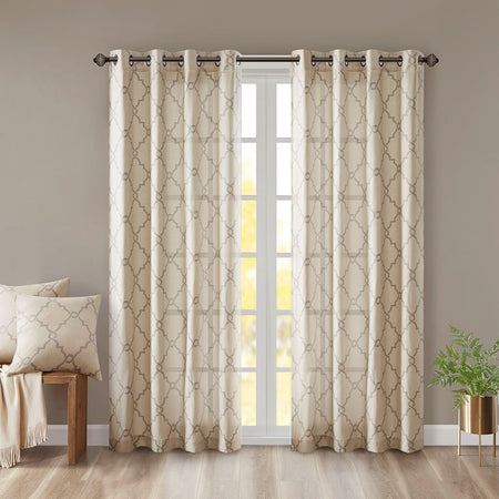 Madison Park Saratoga Fretwork Print Grommet Top Window Curtain - Beige - 50x63"