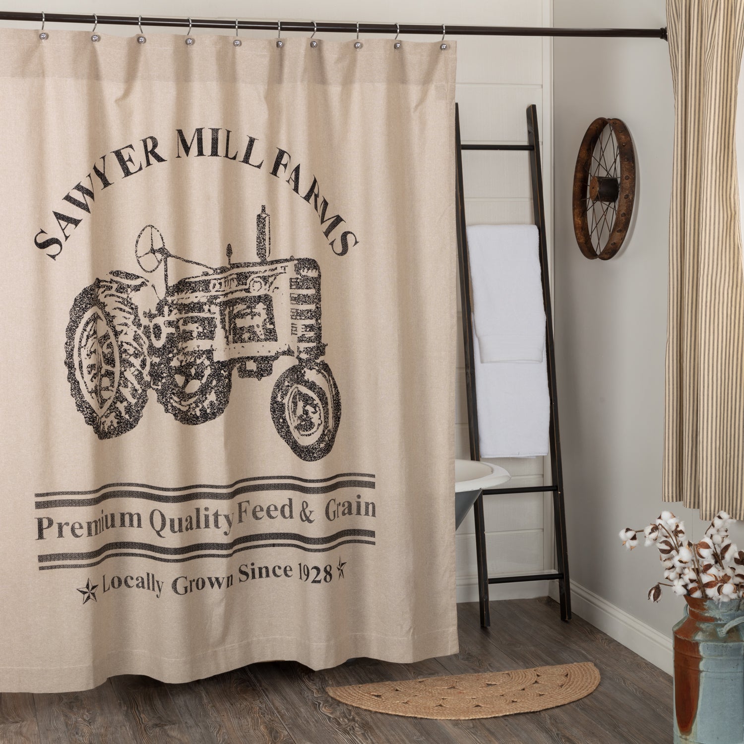 April & Olive Sawyer Mill Charcoal Tractor Shower Curtain 72x72 By VHC Brands