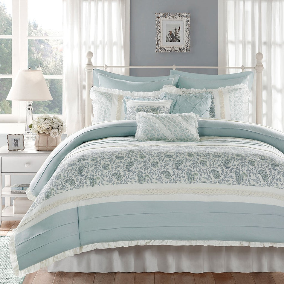 Dawn 9 Piece Cotton Percale Duvet Cover Set - Blue - King Size