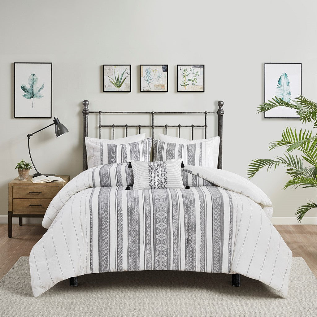 Madison Park Landry 4 Piece Cotton Waffle Jacquard Comforter Set - Gray - Full Size / Queen Size