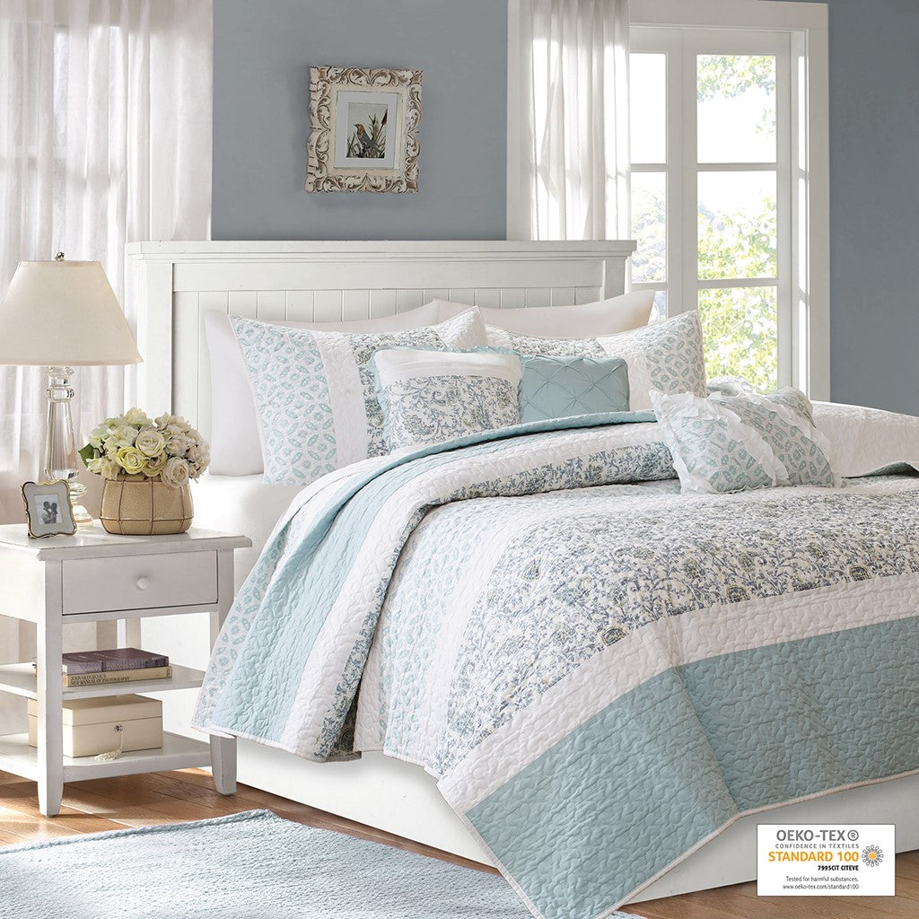 Madison Park Dawn 6 Piece Cotton Percale Quilt Set with Throw Pillows - Blue - King Size / Cal King Size